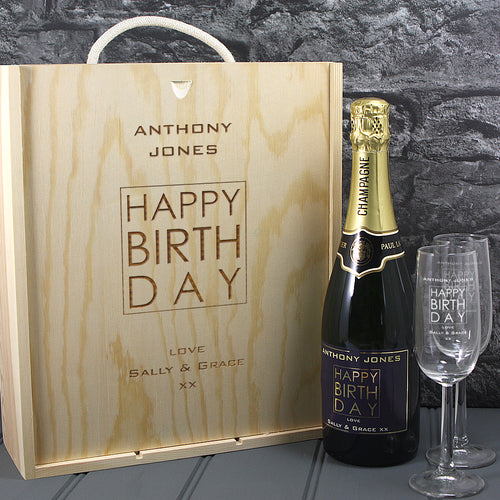 Single bottle with a printed label, 2 engraved champagne glasses & lasered triple wooden box