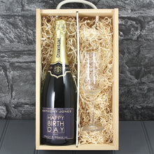 Load image into Gallery viewer, Single Champagne Bottle With A Printed Label With A Double Lasered Wooden Box and Engraved Glass- Birthday
