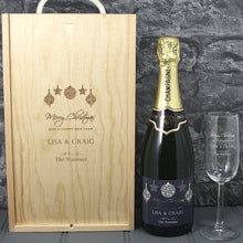 Load image into Gallery viewer, Single Champagne Bottle With A Printed Label With A Double Lasered Wooden Box and Engraved Glass- Christmas
