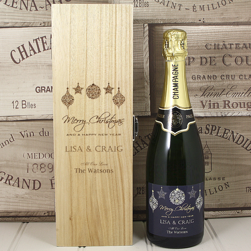 Single Bottle With A Custom Printed Label And Lasered Wooden Box- Christmas
