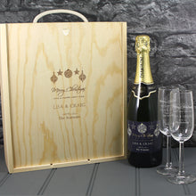 Load image into Gallery viewer, Single bottle with a printed label, 2 engraved champagne glasses &amp; lasered triple wooden box
