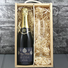 Load image into Gallery viewer, Single Champagne Bottle With A Printed Label With A Double Lasered Wooden Box and Engraved Glass- Christmas
