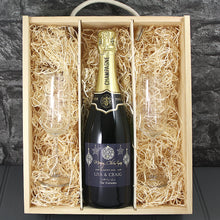 Load image into Gallery viewer, Single Champagne Bottle With A Printed Label, 2 Glasses &amp; Lasered Triple Wooden Box- Christmas
