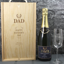 Load image into Gallery viewer, Single Champagne Bottle With A Printed Label With A Double Lasered Wooden Box and Engraved Glass- Fathers Day
