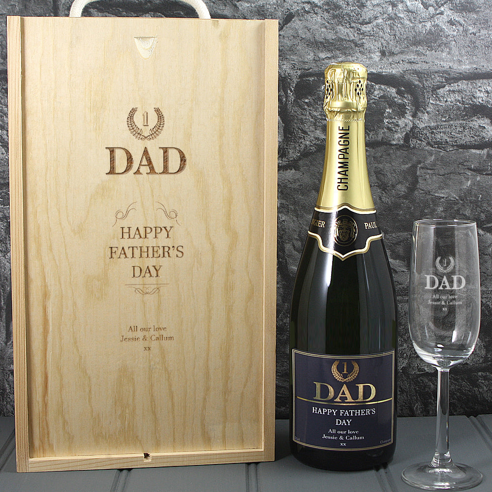 Single Champagne Bottle With A Printed Label With A Double Lasered Wooden Box and Engraved Glass- Fathers Day