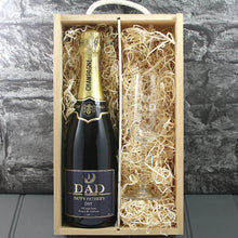 Load image into Gallery viewer, Single Champagne Bottle With A Printed Label With A Double Lasered Wooden Box and Engraved Glass- Fathers Day
