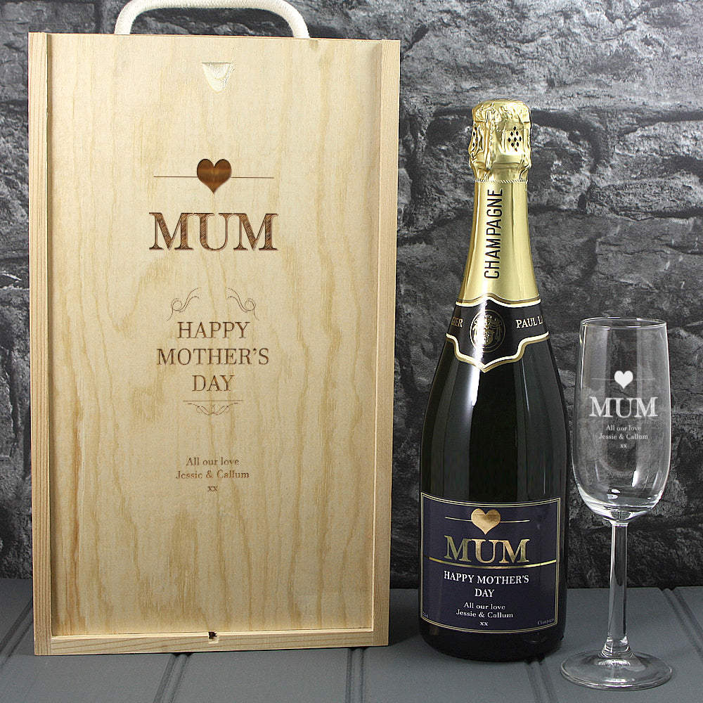 Single Champagne Bottle With A Printed Label With A Double Lasered Wooden Box and Engraved Glass- Mothers Day