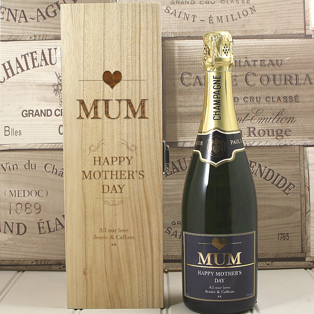 Single Bottle With A Custom Printed Label And Lasered Wooden Box- Mothers Day