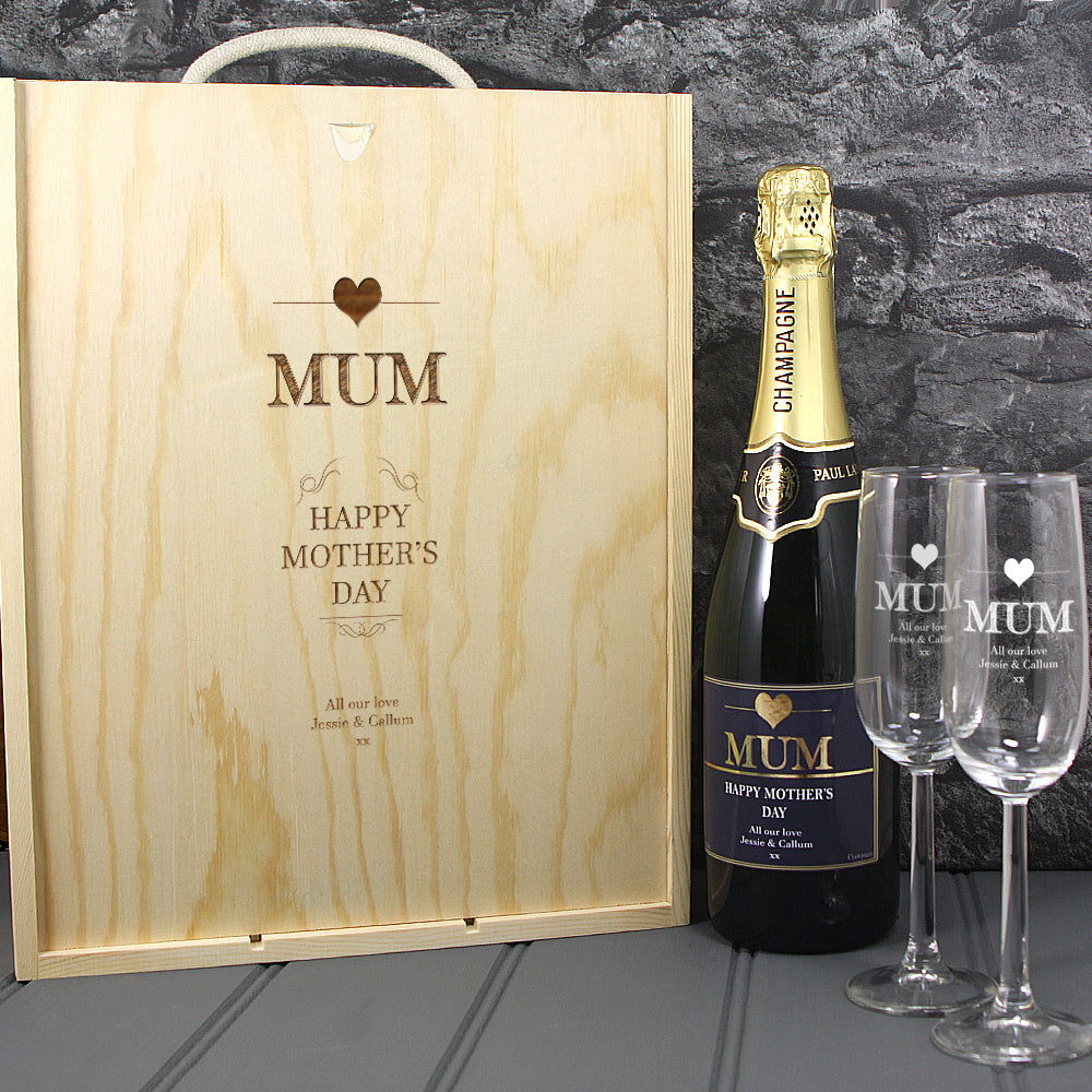 Single bottle with a printed label, 2 engraved champagne glasses & lasered triple wooden box