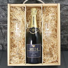 Load image into Gallery viewer, Single Champagne Bottle With A Printed Label, 2 Glasses &amp; Lasered Triple Wooden Box- Mothers Day
