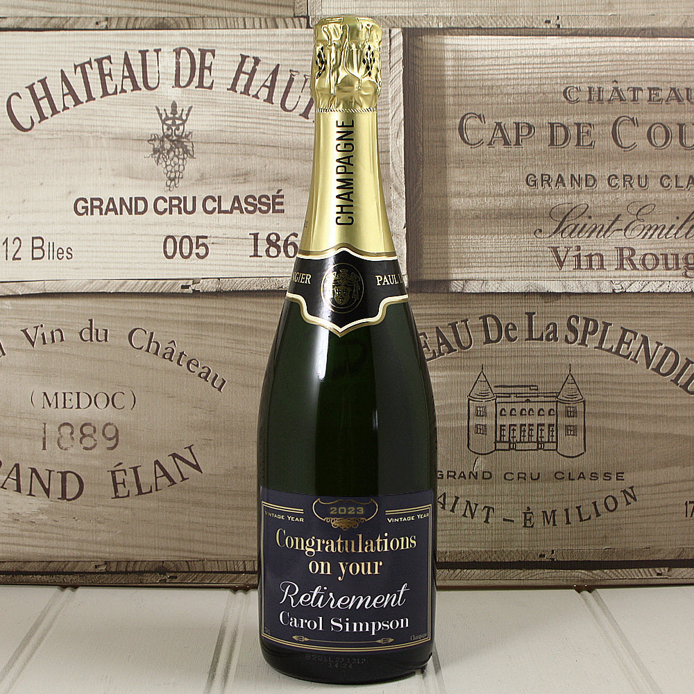 Single Bottle of Champagne with Printed Retirement Label